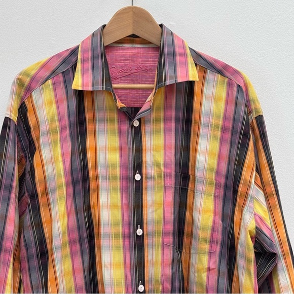 Bugatchi Uomo Men's Embroidered Flip Cuff Colorful Plaid Button Up Shirt XL - Picture 4 of 15